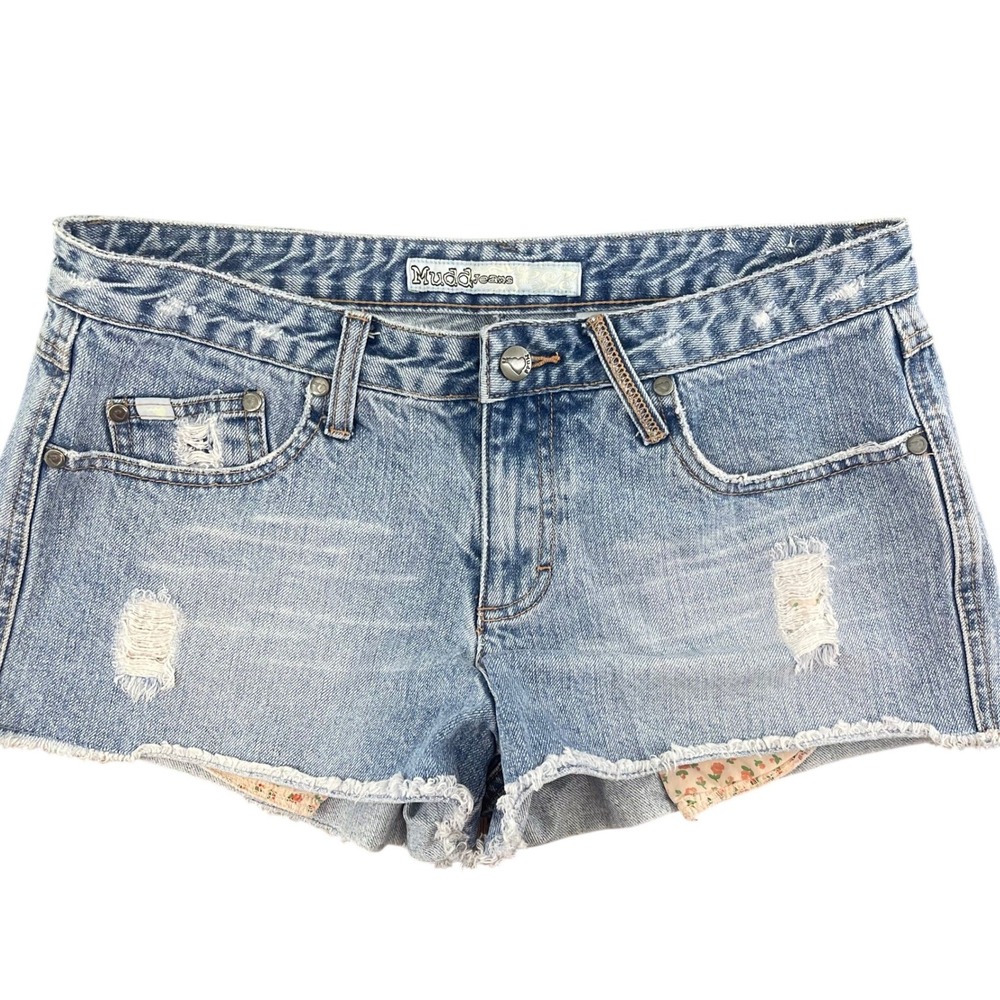 Y2K Mudd Low Rise Denim Shorts 28 Pink Floral‎ Lined Festival Coquette McBling